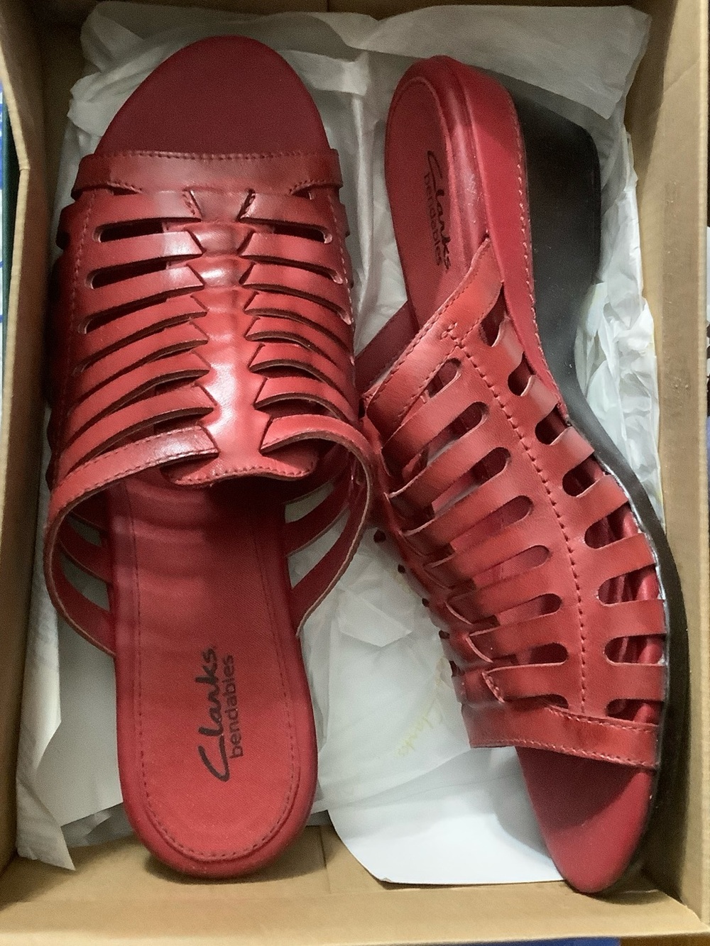 Clarks Red Leather Woven Slide Mules